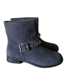 Vionic Ankle Boots Women Gray Orthotic Suede Moto Ankle Flat Chain Zip 9